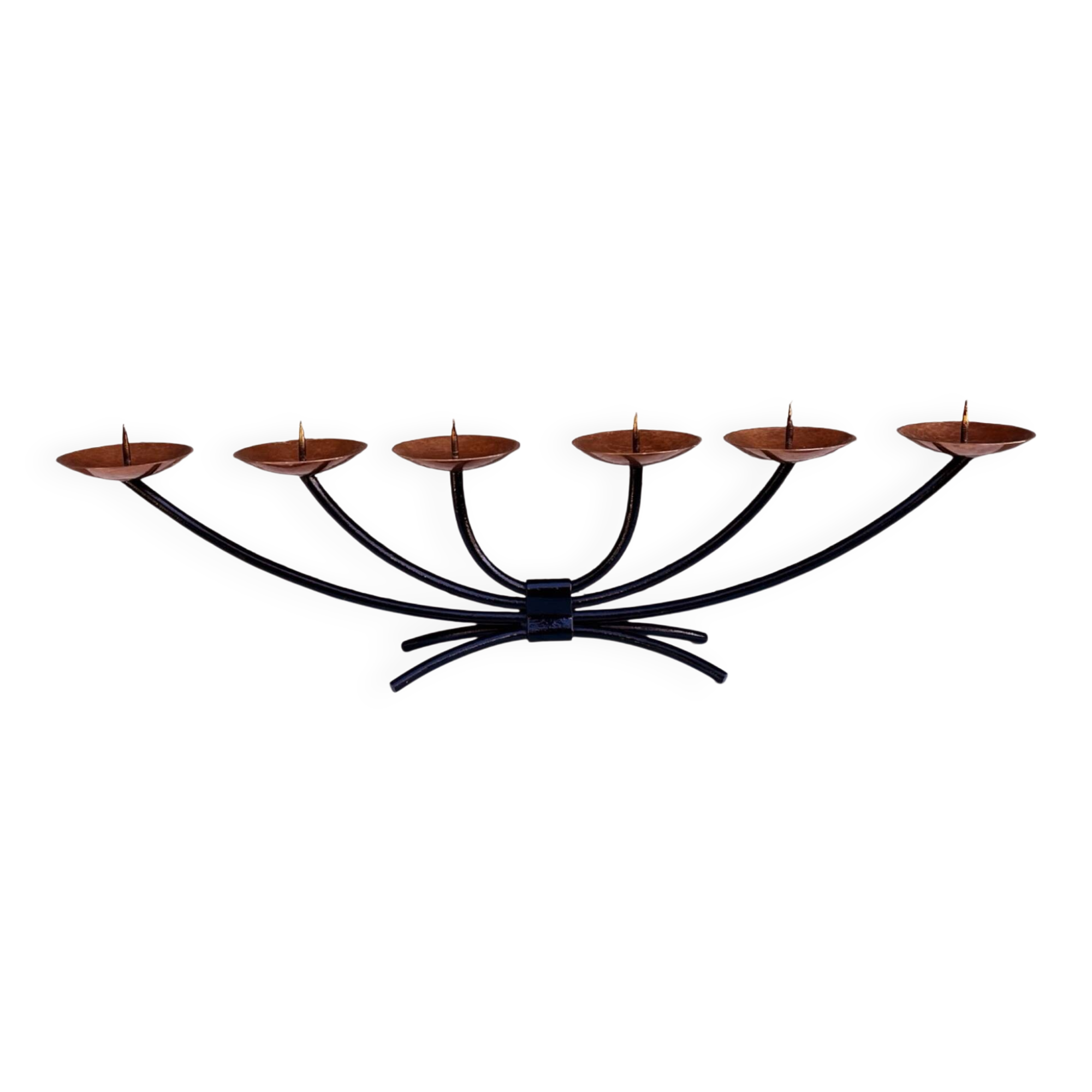 Metal candlestick with forged copper plates – metalwork, Scandinavia, 1970s