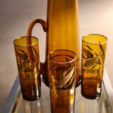 service 3 glasses and decanter color dark amber and gold 1970