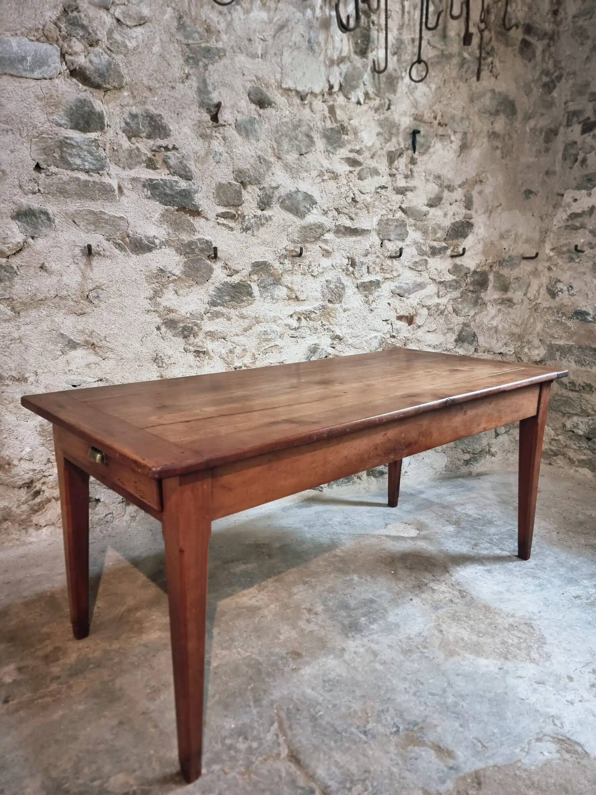 Antique French Farmhouse Table | 19th Century Cherry Wood Table with Drawer and Extension | 1880–1900 Rustic Kitchen