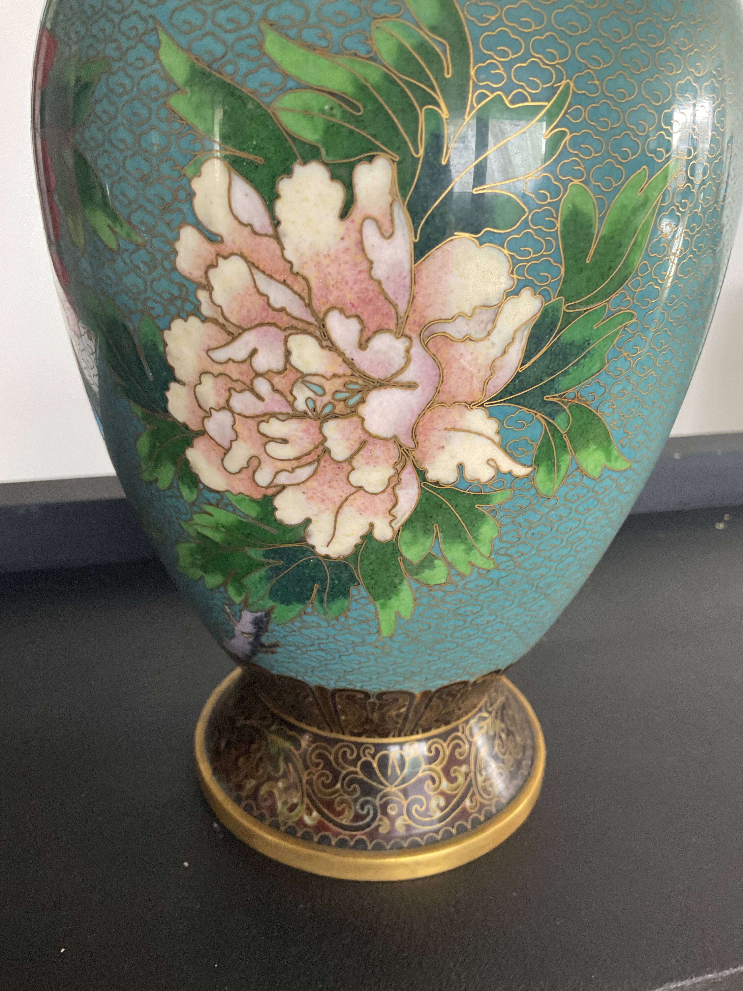 Vintage cloisonné vase in enamels and brass