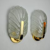Pair of frosted leaf sconces, murano glass, italy, 1970