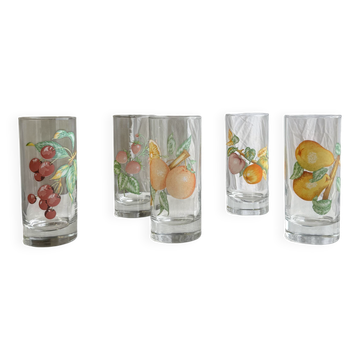 Set of 5 vintage fruit-patterned glasses