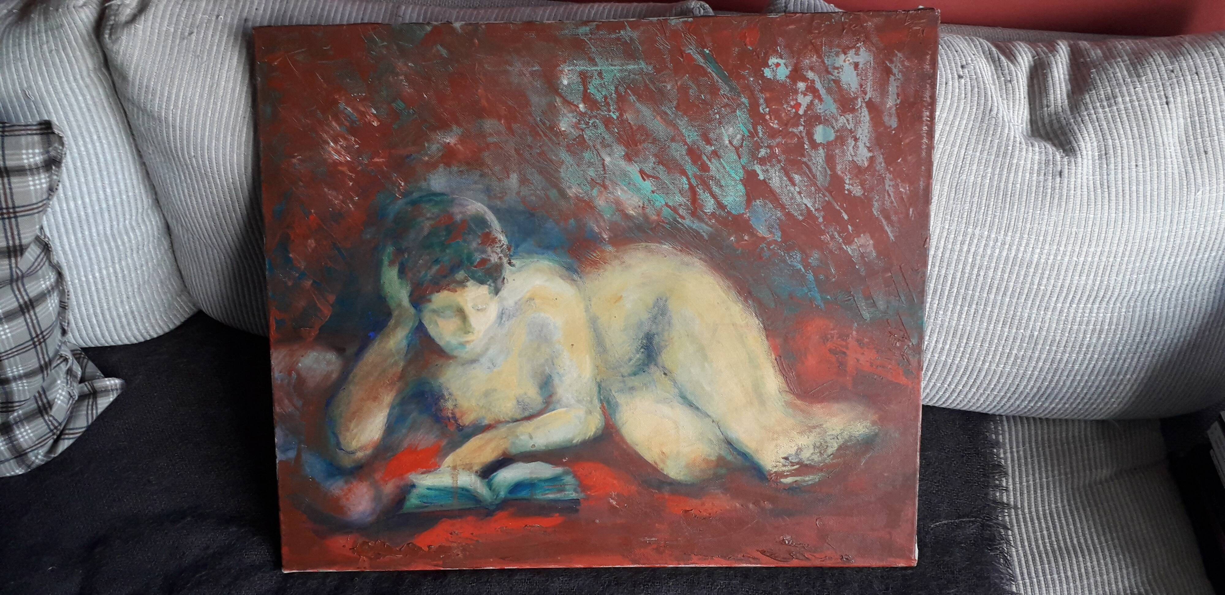 Old oil painting representing a nude