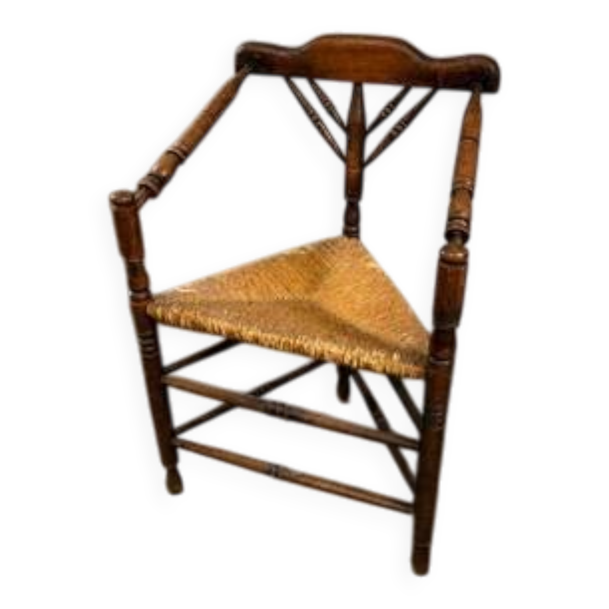 Chaise d'angle ancienne à assise en paille, vers 1880–1910