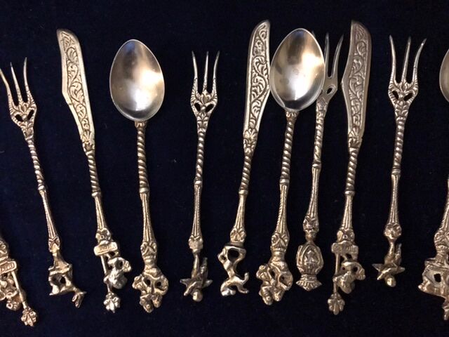 Set 11 of old cutlery with silver metal desert