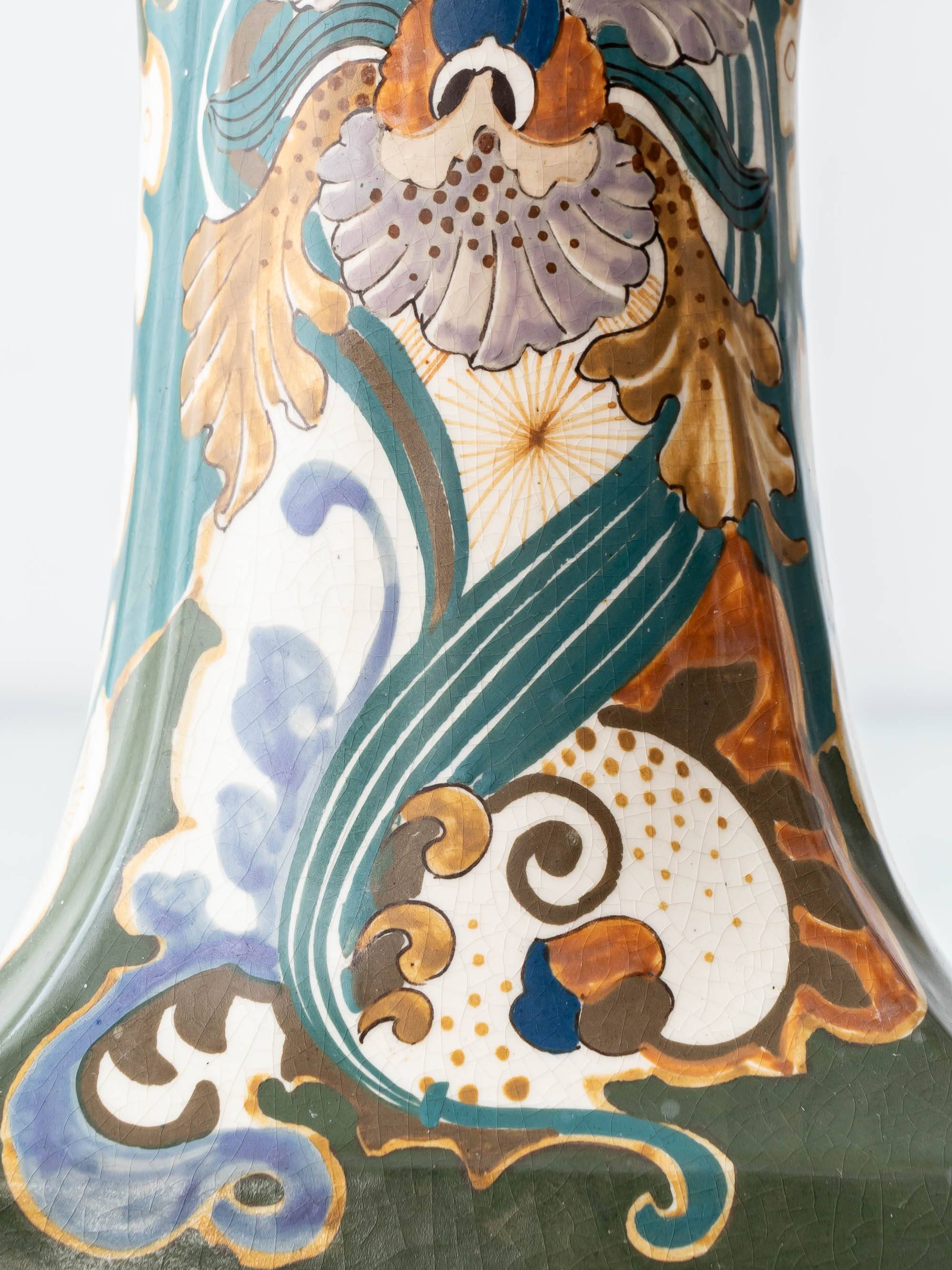 Pair of Dutch Art Nouveau Ceramic Table Lamps, circa 1915, with New Ochre Linen Shades