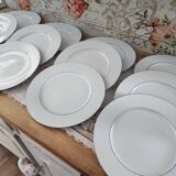 Set of 12 white porcelain dinner plates with double silver rim