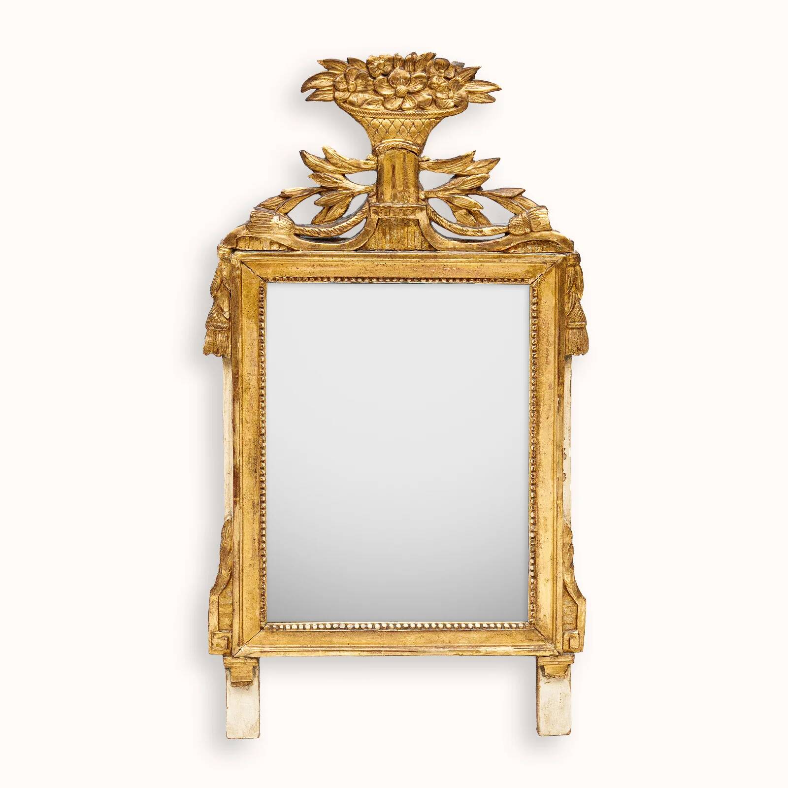 Small French Louis XVI marriage mirror with basket and tassels