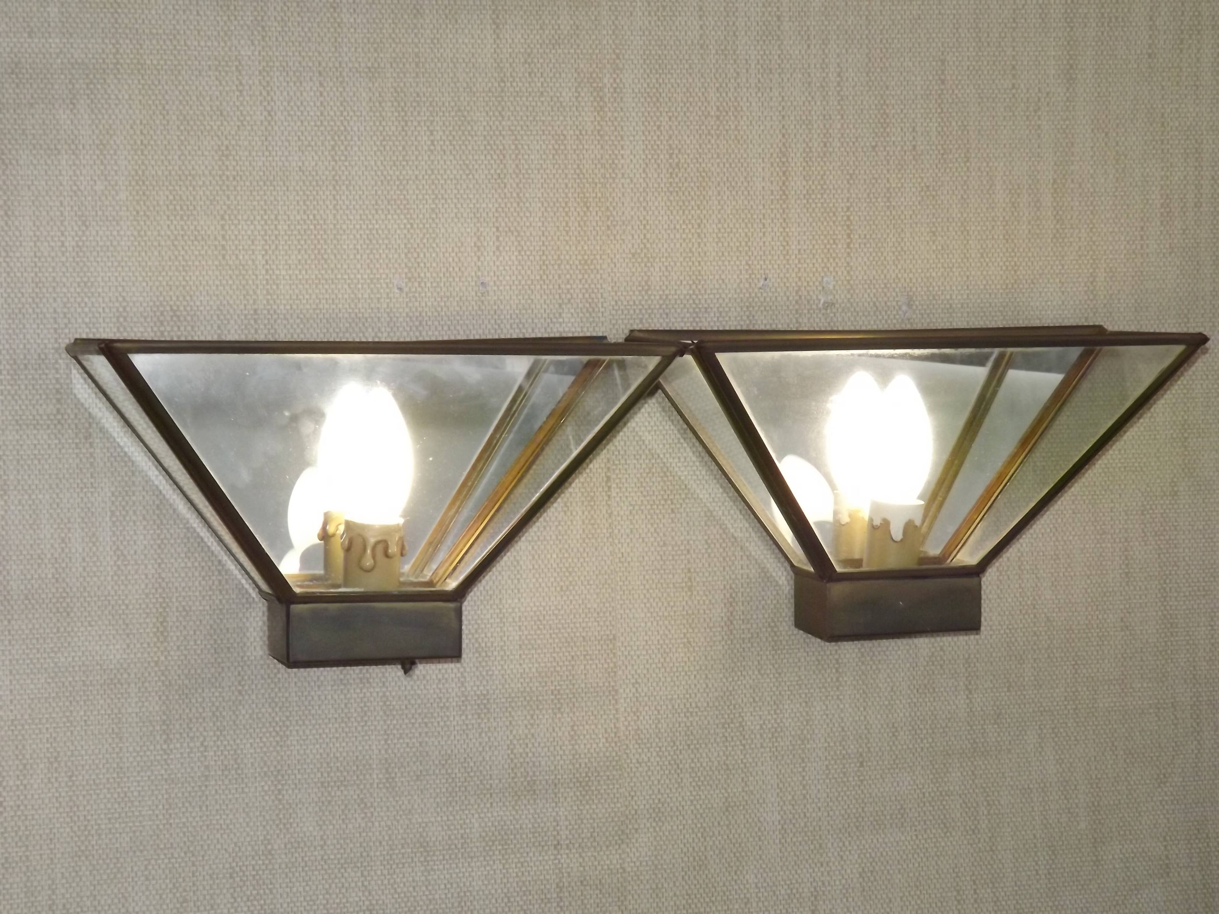 Matching Pair French Mid Century Copper & Glass Single Mirrored Wall Lights 5138