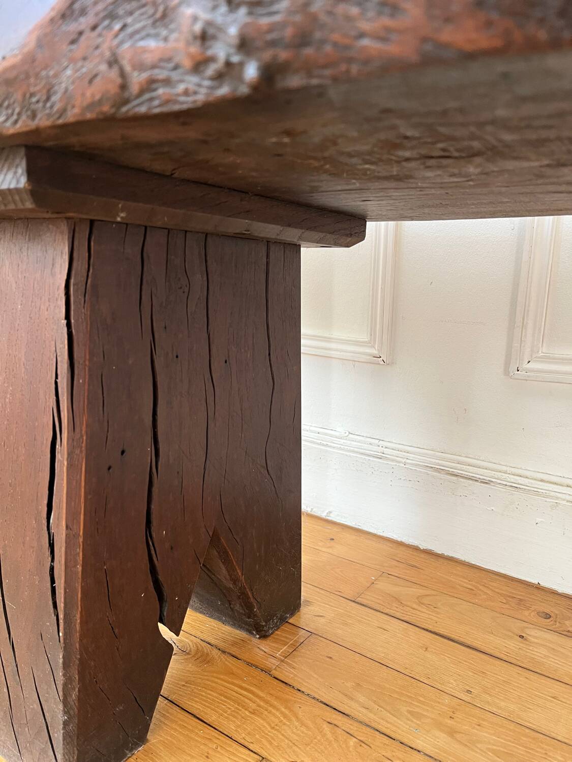 Brutalist Folk Art Bench Solid Oak