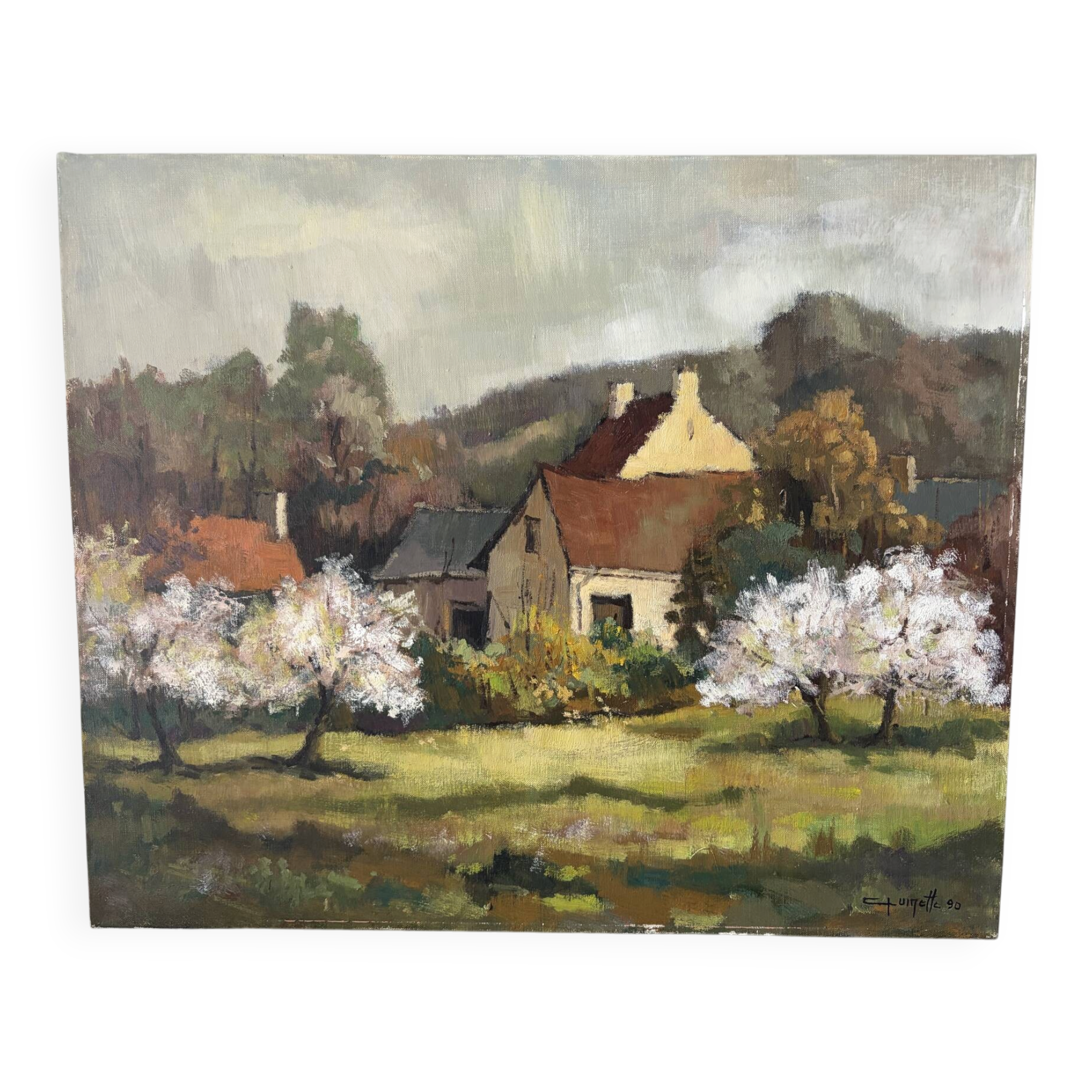 Le printemps au hameau, huile sur toile signé