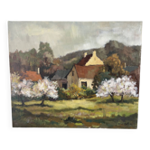Le printemps au hameau, huile sur toile signé