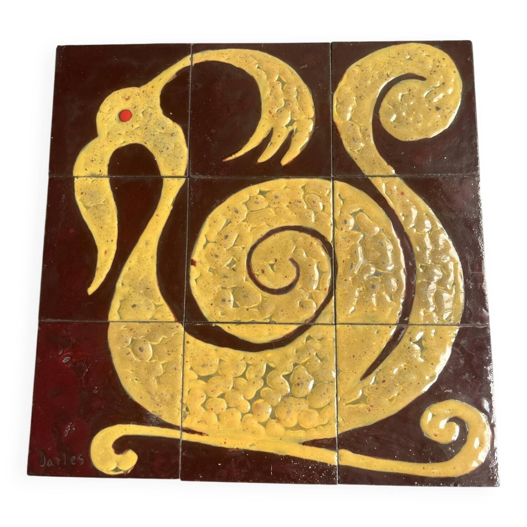Ceramic plaque with zoomorphic pattern made up of 9 tiles.