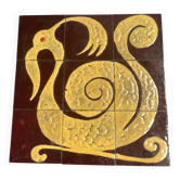 Plaque de céramique motif zoomorphe composée de 9 carreaux