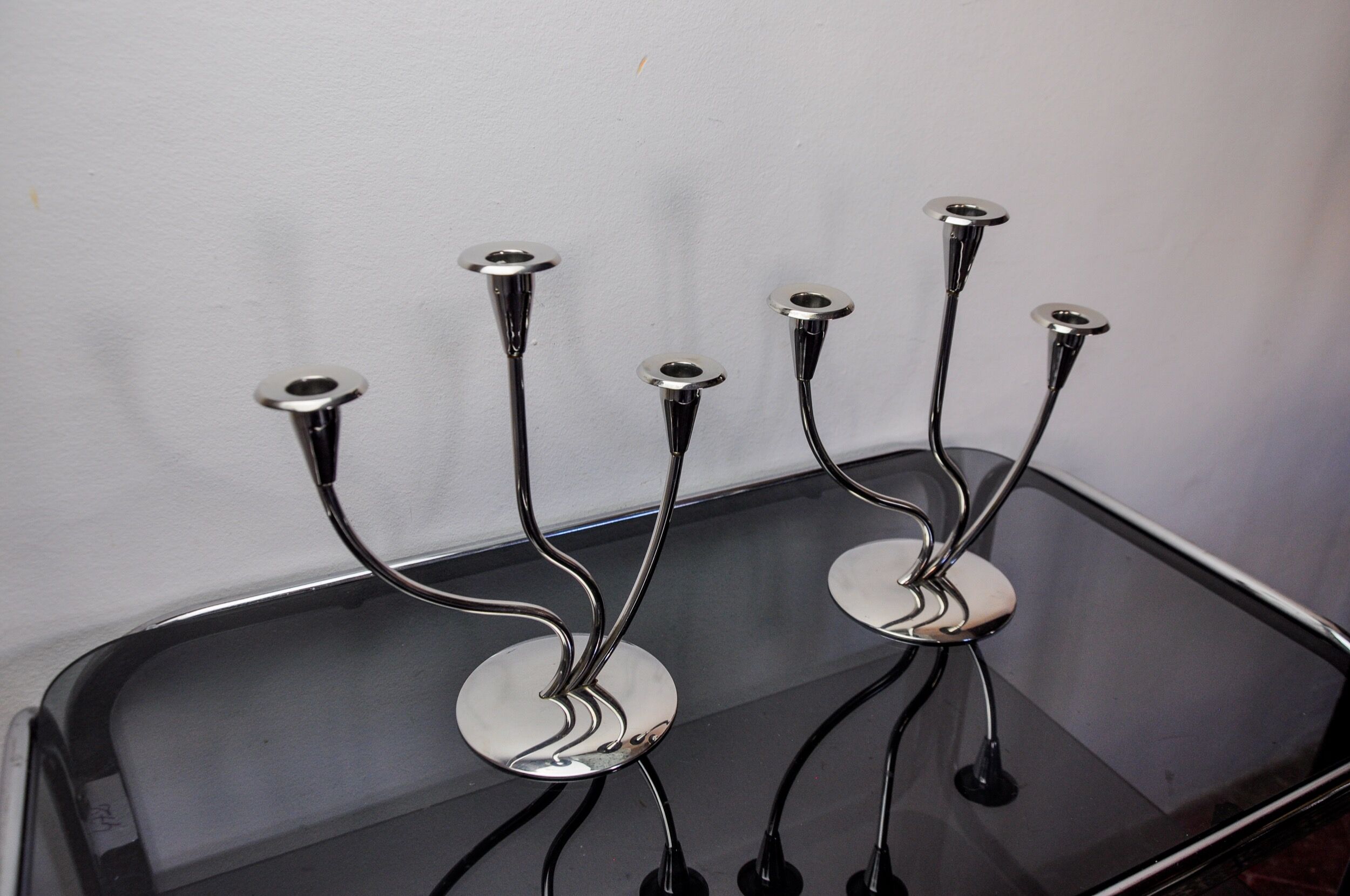 Pair of art deco candlesticks in stainless steel 3 flames, Spain, 1970