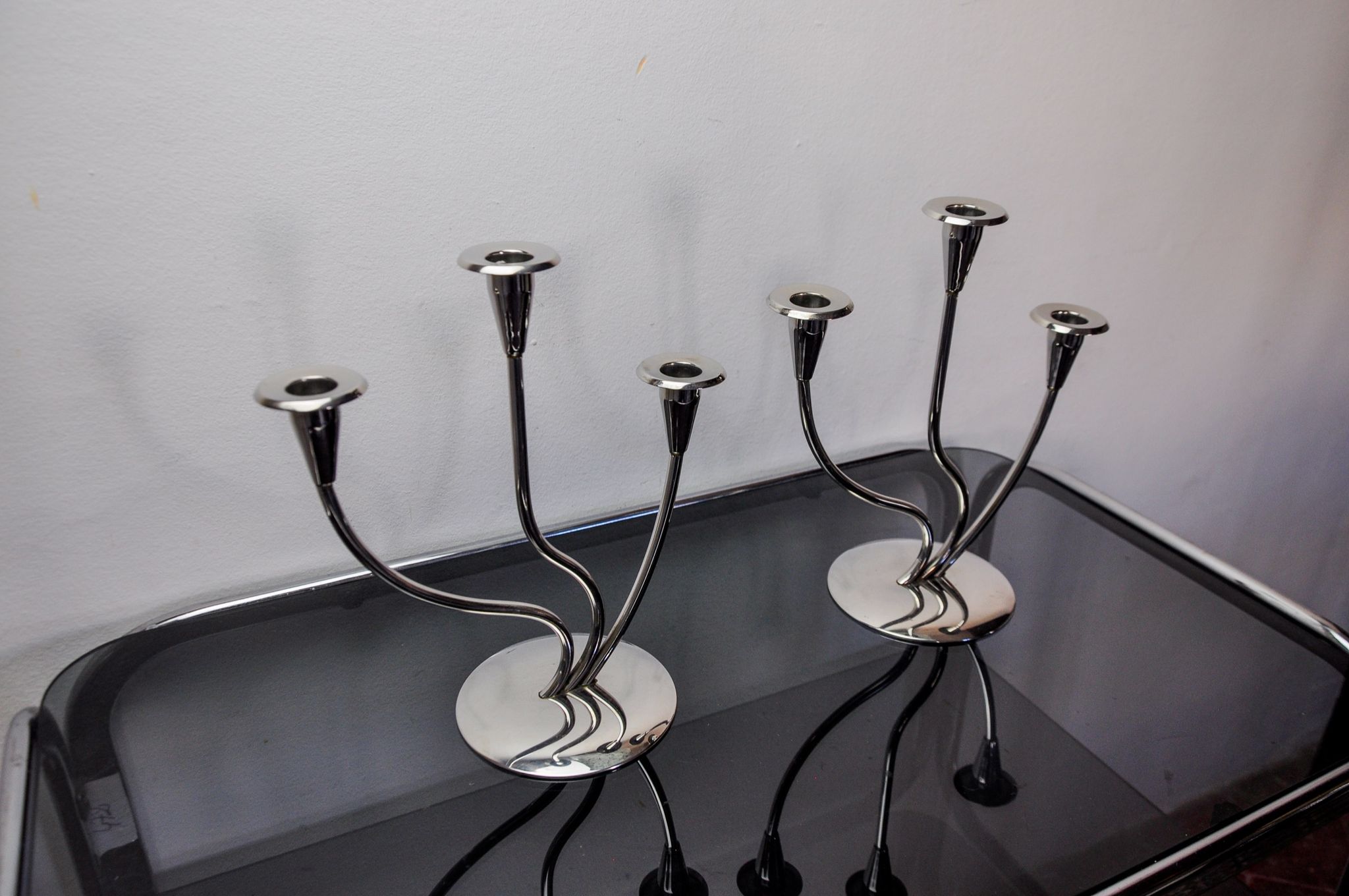 Pair of art deco candlesticks in stainless steel 3 flames, Spain, 1970