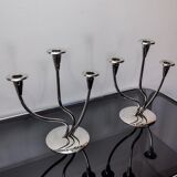 Pair of art deco candlesticks in stainless steel 3 flames, Spain, 1970