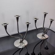 Pair of art deco candlesticks in stainless steel 3 flames, Spain, 1970