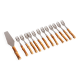 12 dessert forks and a pie server with bamboo handles, 60s