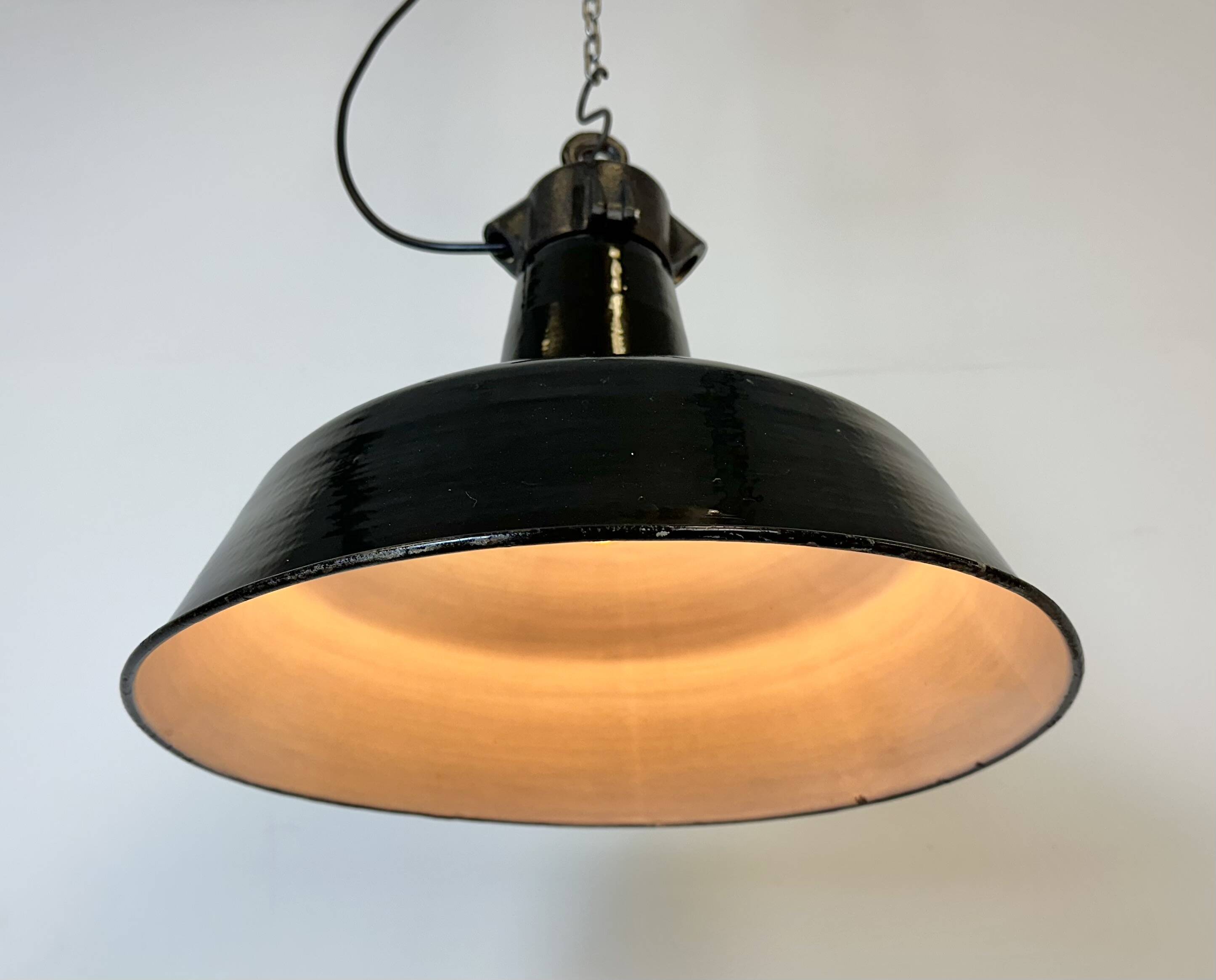 Industrial Black Enamel Factory Lamp with Cast Iron Top, 1950s