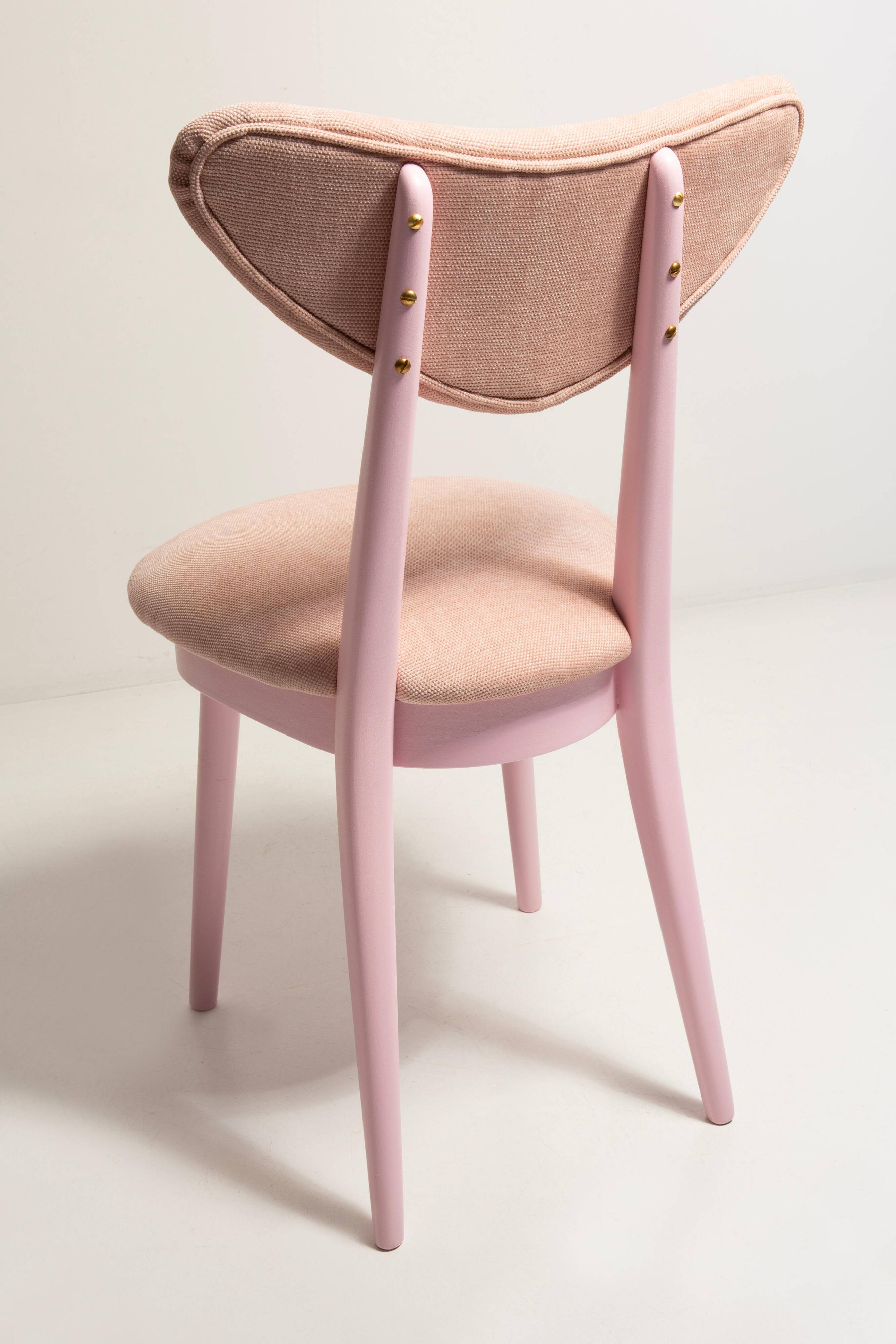 Mid-century heart-shaped chair, light pink chenille fabric, painted pink wood, Europe, 1960s.