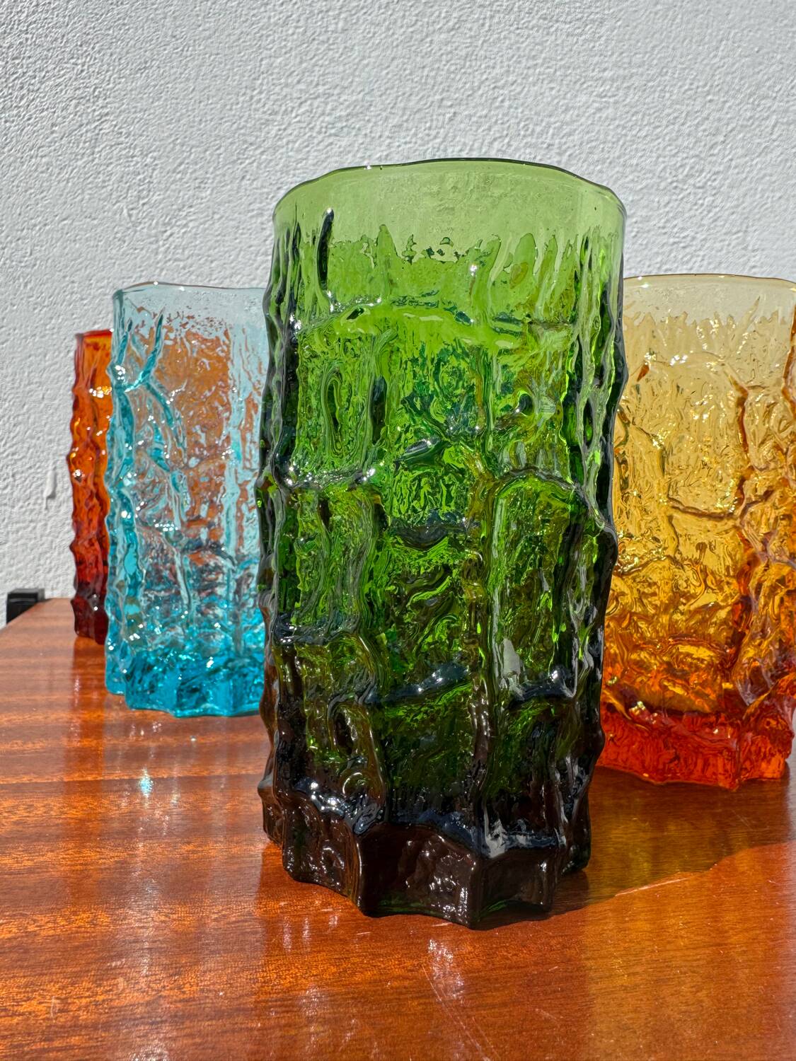 Large multicoloured glasses by Geoffrey Baxter from the 1960s.