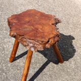 French Vintage Brutalist Tree Trunk Elm Wood Stool-Side Table-50s