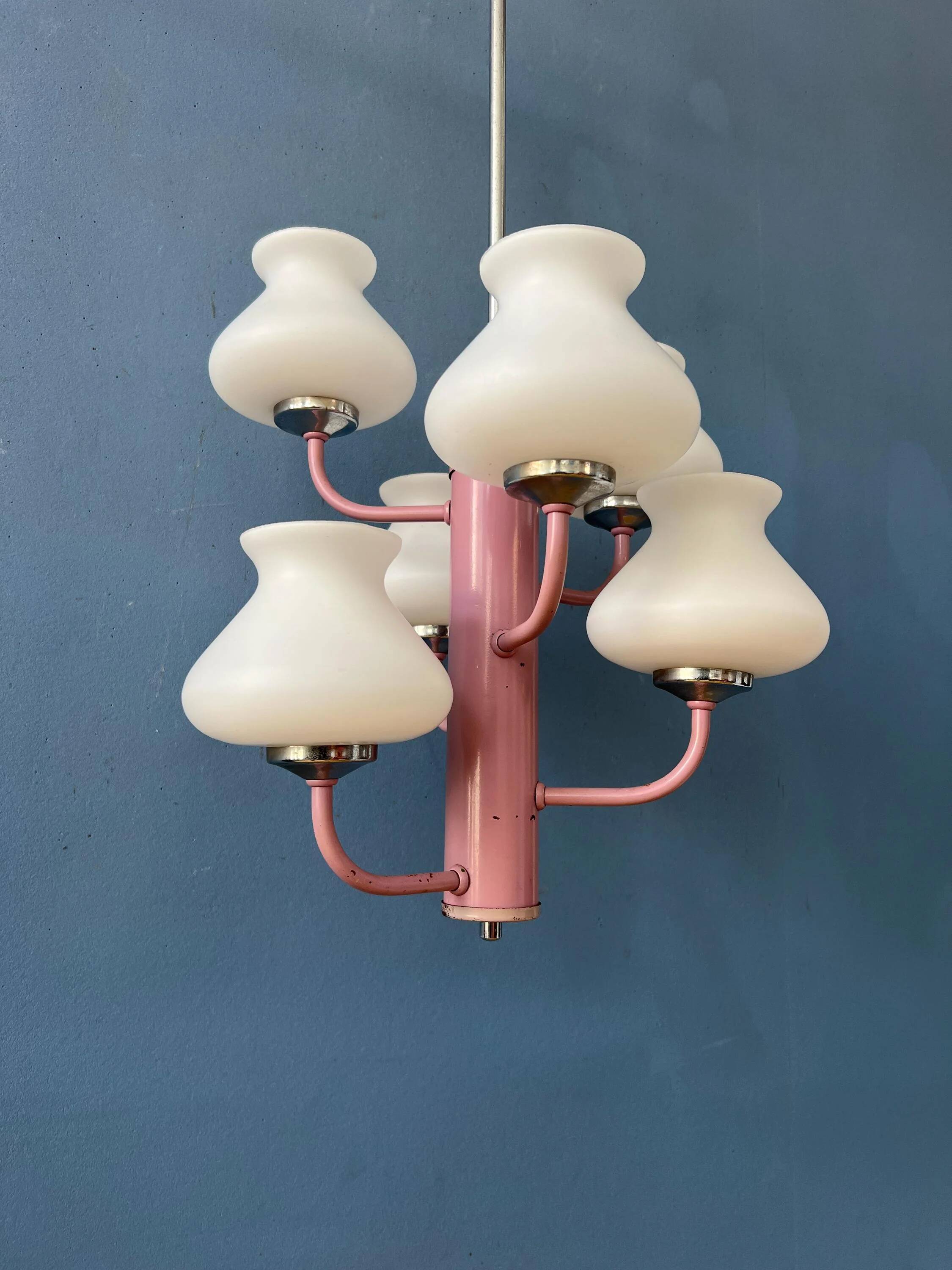 Mid-century opaline glass chandelier with a pink structure.