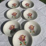 7 soup plates, Gien France, princess model, enameled ceramic floral pattern, roses, painted
