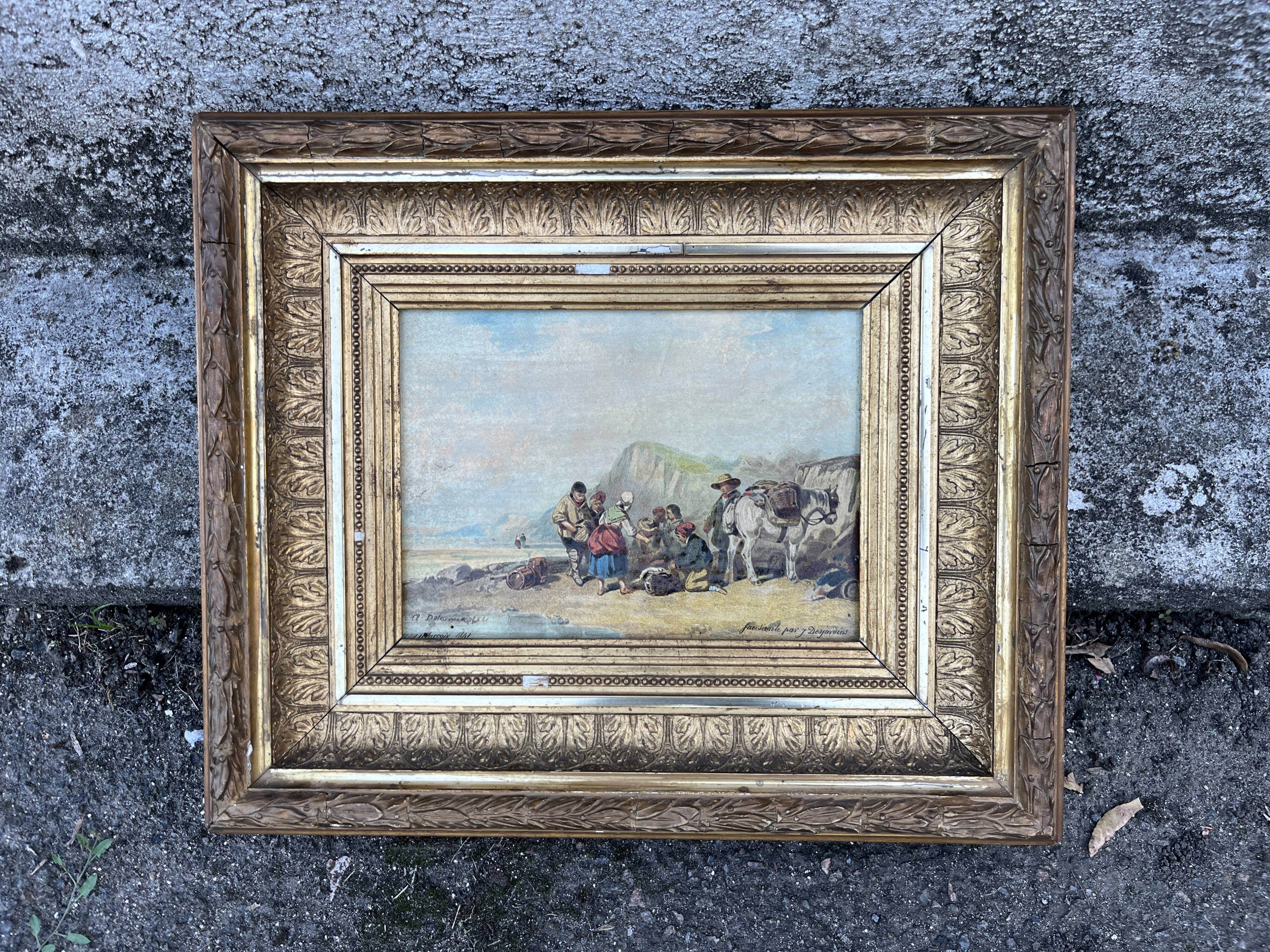 Old painting after A. Delcroix – lively seaside scene, 1841