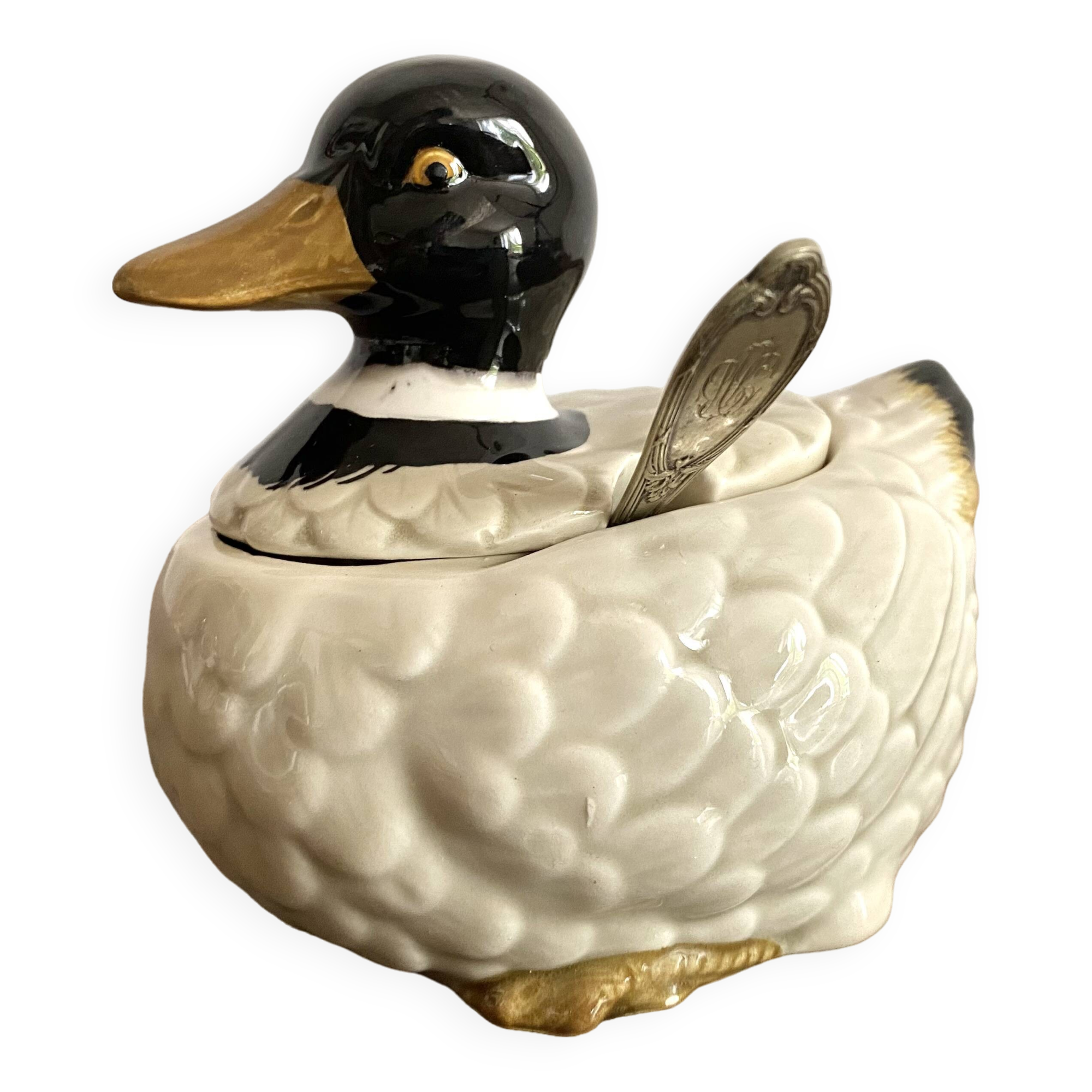 Duck in barbotine, sugar pot or zoomorphic mustard