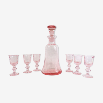 Pink blown glass liqueur service Art Lorrain