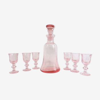 Service à liqueur en verre soufflé rose Art Lorrain