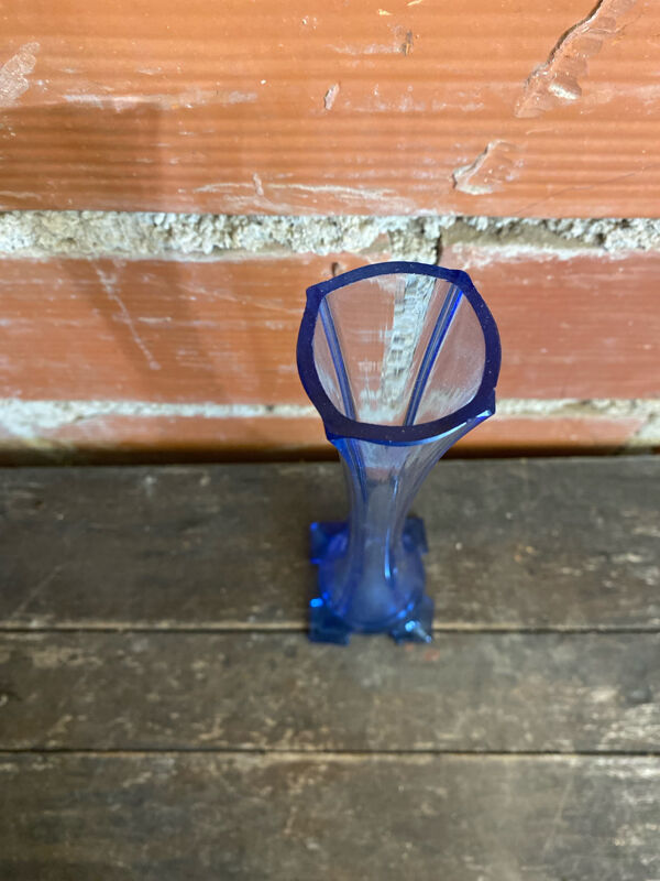 Vase Soliflore Ancien Verre Bleu Vertical Vintage Début XXeme #D755