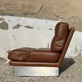 Salon complet en aluminium brossé et cuir marron, France 1970