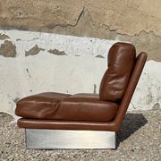 Complete vintage living room set, brushed aluminum and brown leather, France, 1970