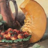 Still life with fruits (strawberries/pumpkin), on canvas frame with gilded baroque frame