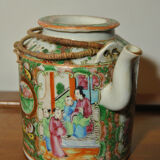 Chinese porcelain teapot Canton China 19th century with wicker basket