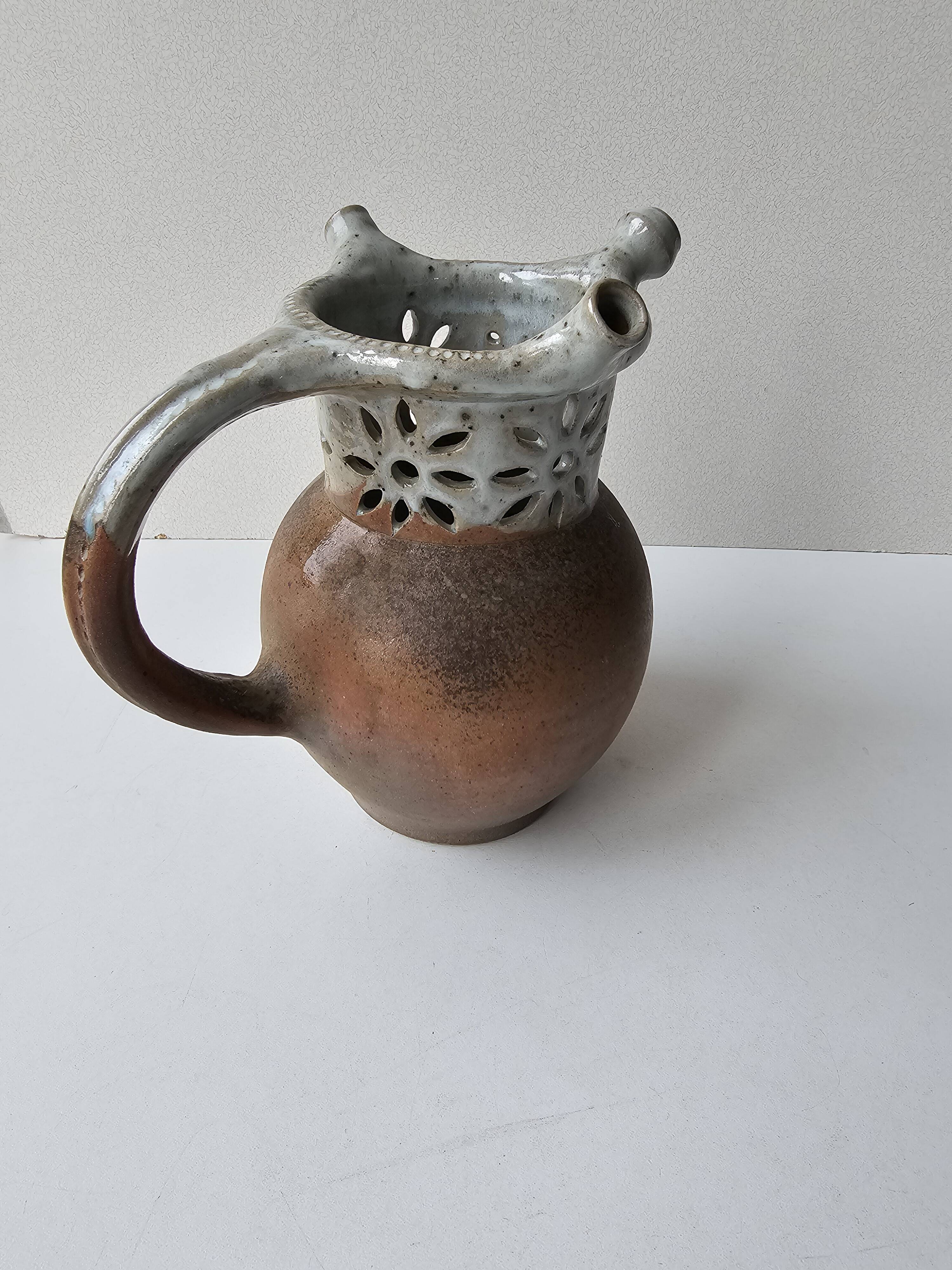 Unusual ceramic vase, Puisaye type, signed (signature to be identified)