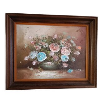 Tableau peinture ancienne bouquet de fleurs dans son pot