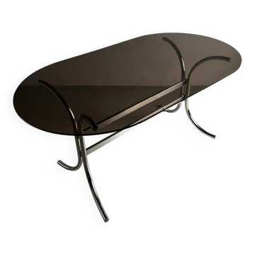 Table de salle à manger en verre fumé chromé | Italie | Années 1970