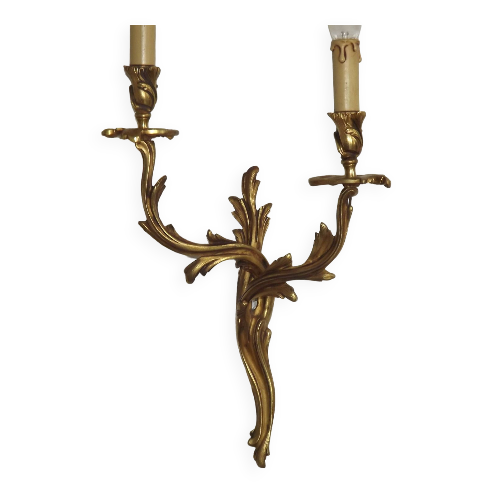 Bronze wall sconces decorated with acanthus leaves.