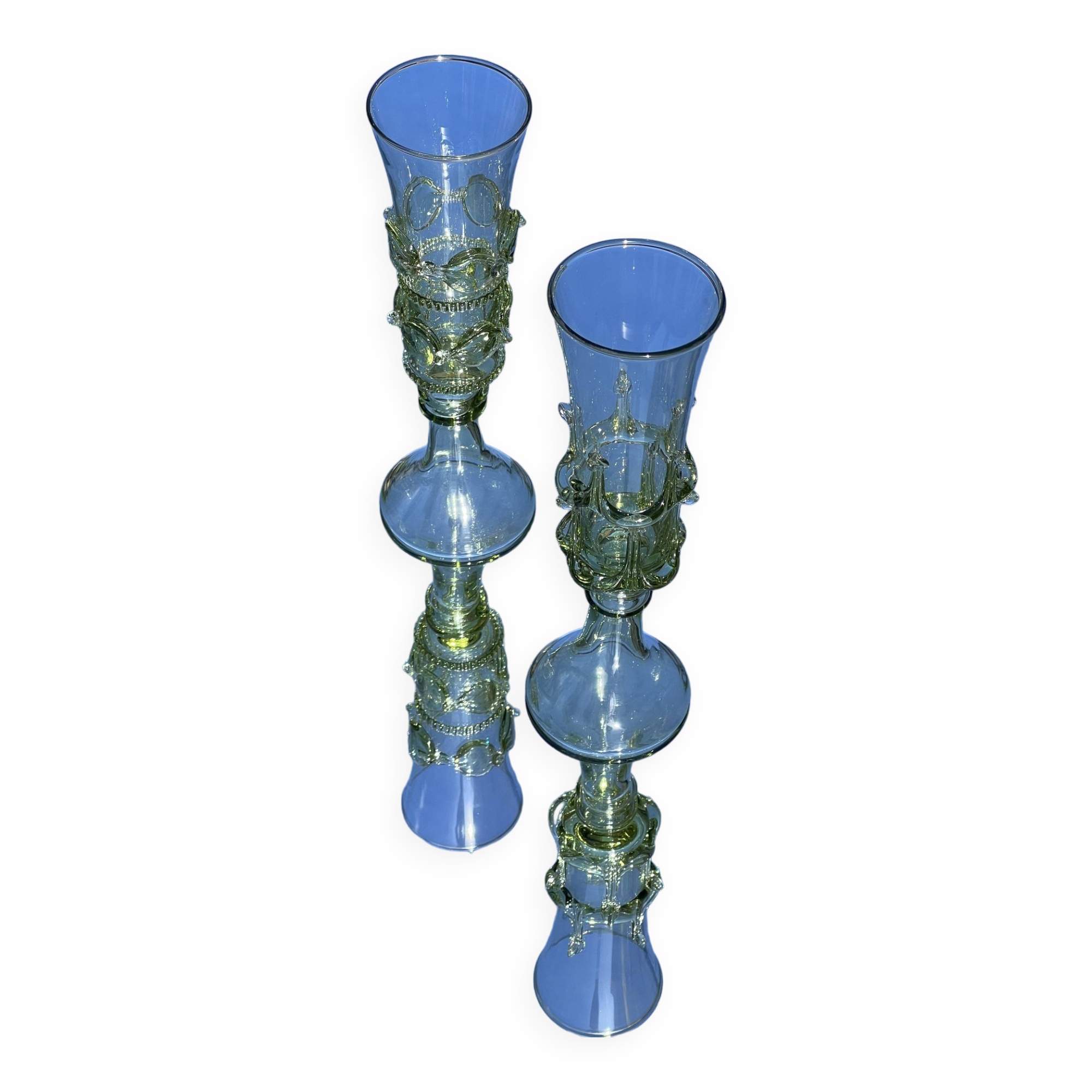 pair of green glass champagne flutes - points