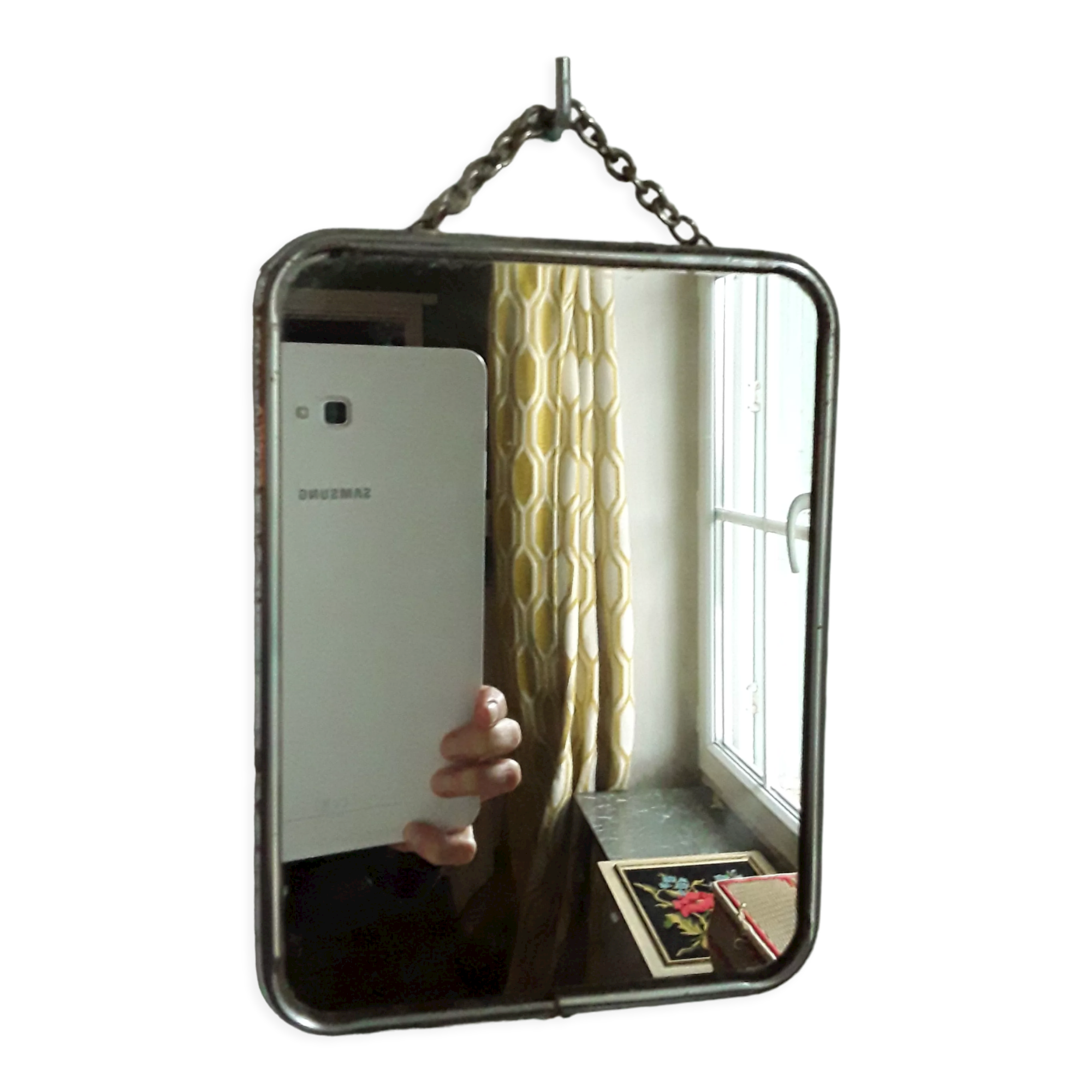 Vintage barber mirror with chain