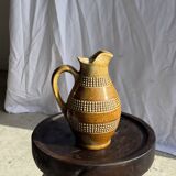 Vintage yellow stoneware carafe with beaded friezes Made in France H22