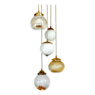 Large cascading pendant light in amber and opaline Murano glass