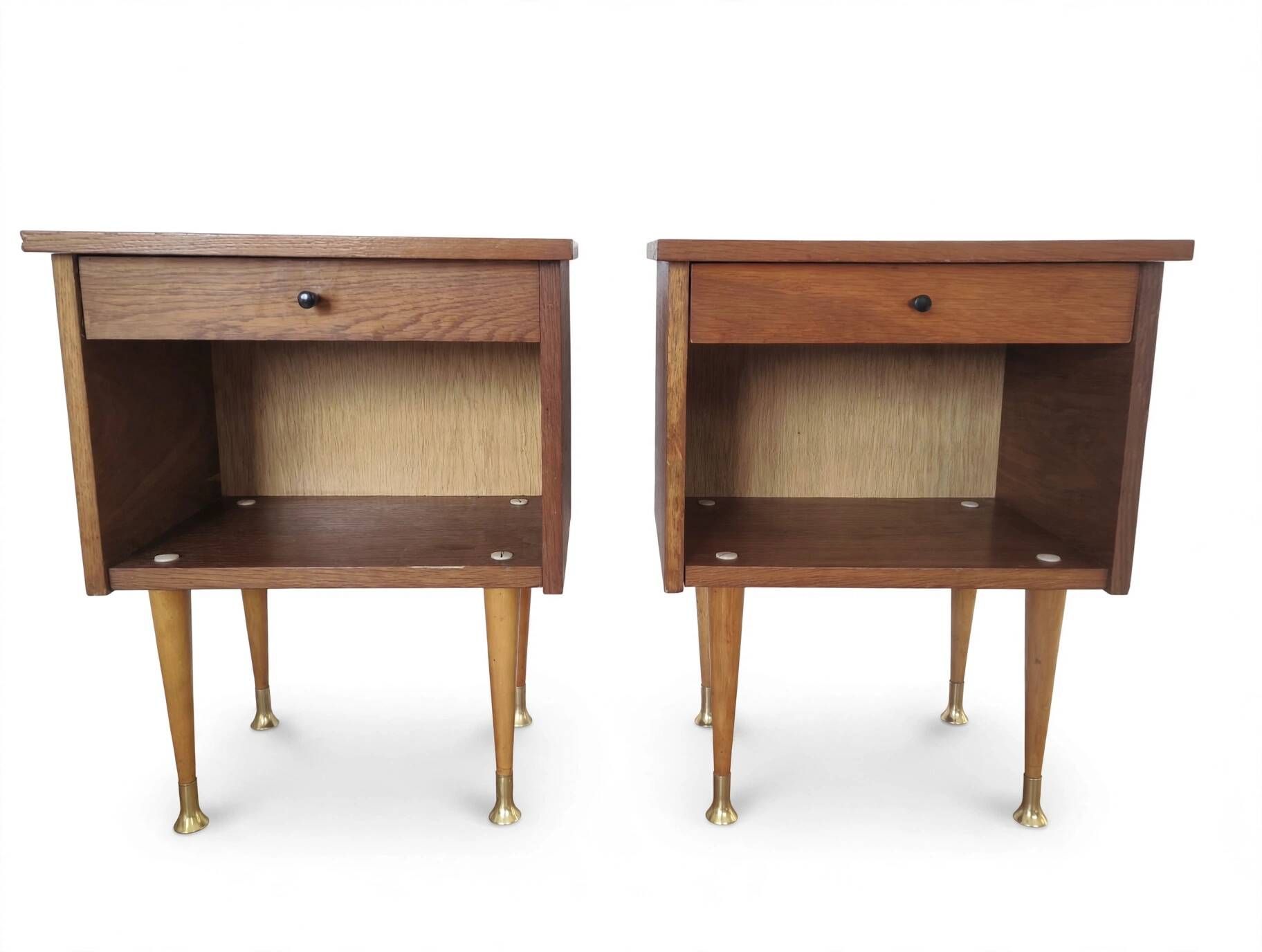 Pair of Vintage Mid-Century Nightstands in Walnut & Brass - 8 Bell Feet -