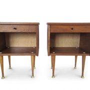 Pair of Vintage Mid-Century Nightstands in Walnut & Brass - 8 Bell Feet -