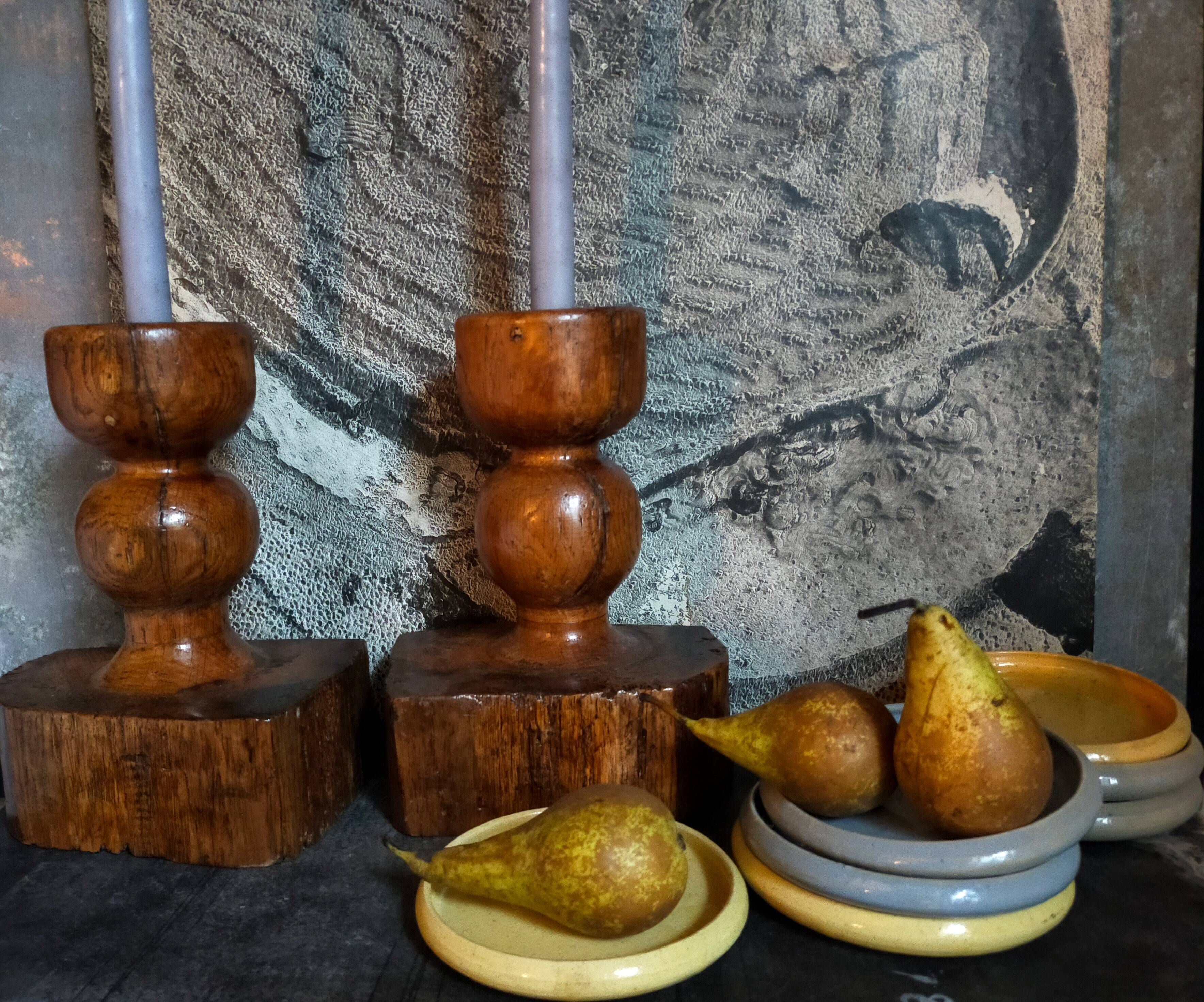 Pair of old brutalist turned solid wood candlesticks