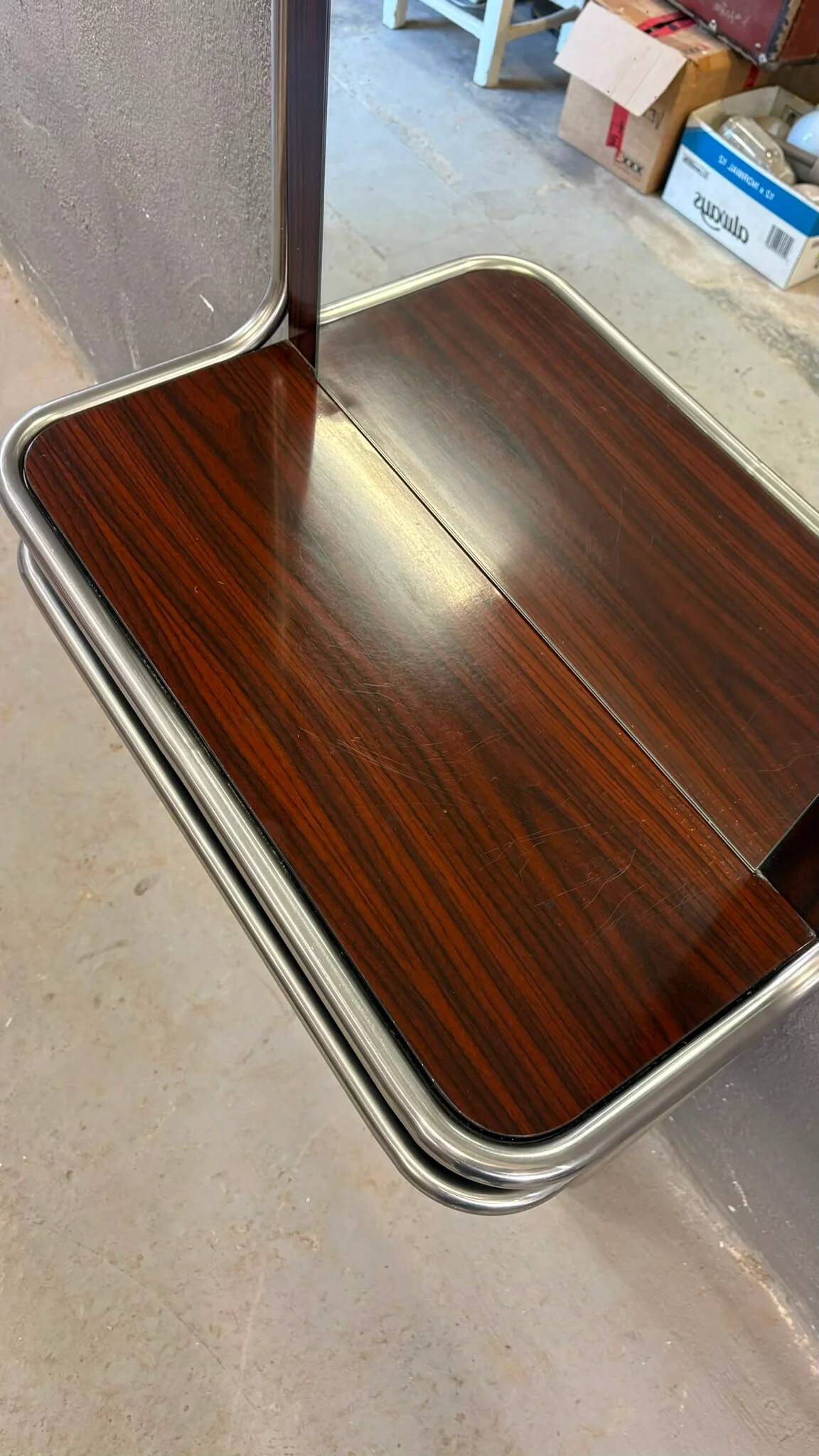 Console murale en chrome et palissandre avec miroir, années 1970, italienne.